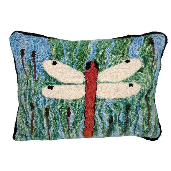 Dragonfly Wool Rug Hooked Pillow Lake Cottage Cattails Decorative Blue Green - Picture 1 of 4